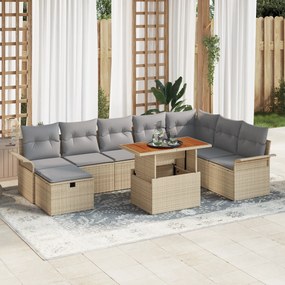 Conjunto de Sofás de Jardim de 9 Peças com Almofadas Bege de Rattan Po