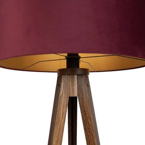 Candeeiro de Pé Tripé em Madeira de Nogueira com Abajur Vermelho e Interior Dourado 50cm - Tripod Classic
