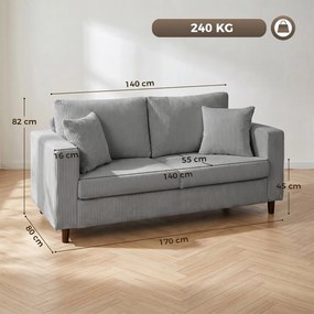 Sofá de 2 Lugares em Bombazina com Assento Largo e Profundo e Pés de Madeira 170x80x82 cm Cinzento-claro
