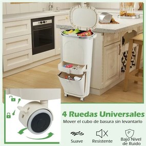 Caixote do lixo de 42 L com 2 baldes removíveis, gaveta com pedal e rodas para sala, cozinha e casa de banho, bege