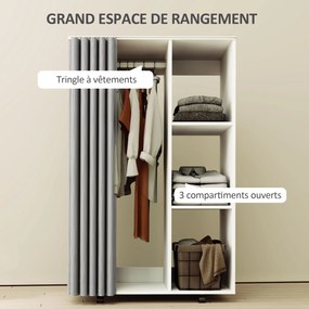 Guarda-roupa móvel com 4 rodas, com varão para cabides e prateleiras abertas, branco