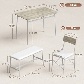 Conjunto de mesa de jantar com 2 cadeiras e um banco, assentos estofados, para sala de estar, espaços pequenos, em cor carvalho e branco