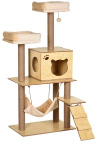 PawHut Arranhador para Gatos com Poste de Arranhar de Juta 2 Camas Rede Caverna Bola Suspensa Rede e Rampa 60x40x130 cm Madeira