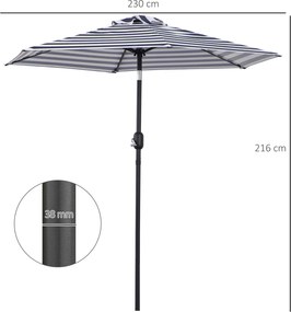 Chapéu de Sol Exterior Ø230 cm com Ângulo Ajustável e Manivela Impermeável Azul e Branco