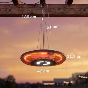Aquecedor Elétrico Suspenso para Exterior 1000/2000 W com Luz LED IP65 Controlo Tátil/Comando Preto