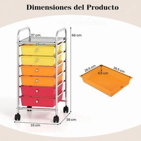 Carrinho de Armazenamento com 6 Gavetas, 33 x 38 x 66 cm, Rodas com Travão, Multicolor