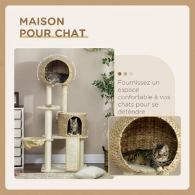 Arranhador  para gatos com arranhador de sisal natural, 2 nichos, plataforma, rede e peluche 60 x 60 x 150 cm, bege
