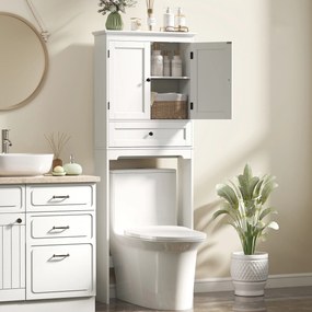 Móvel de casa de banho 62 x 23 x 168 cm com arrumação para cima da sanita, móvel de casa de banho com 2 portas, gaveta e prateleira ajustável, branco