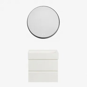 Conjunto De Móvel De Casa De Banho Suspenso Em Madeira E Folha De Freixo Com Lavatório Integrado Ona Branco & Redondo Led - Sklum