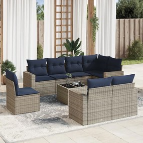 vidaXL 9 pcs conjunto sofás p/ jardim c/ almofadões vime PE cinzento