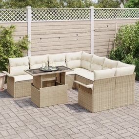 Conjunto de Sofá de Jardim vidaXL 9 Peças com Almofadas Bege Rattan Po