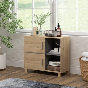 Móvel de casa de banho 80 x 35 x 70 cm, de arrumação com compartimentos abertos e armário, cor de madeira natural