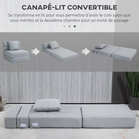 Poltrona-sofá-cama convertível de 1 lugar com 1 almofada com capa removível, tecido cinzento claro