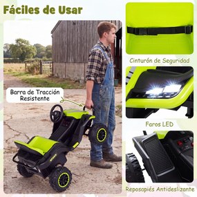 Trator Elétrico Infantil para crianças 3 a 6 anos, 152 x 68 x 60 cm, Reboque Removível 2 em 1, Verde
