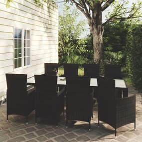 vidaXL 9 pcs conjunto jantar exterior com almofadões vime PE preto