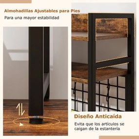 Estante para meter sobre mesa com 4 níveis e compartimento aberto na parte traseira e 6 ganchos 94 x 25 x 73,5 cm castanho