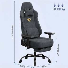 Cadeira de gaming em imitação de camurça com apoios de braços 4D, apoio para os pés e mola ensacada, até 200 kg, cinzento antracite