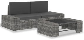 3 pcs conjunto lounge de jardim vime PE cinzento