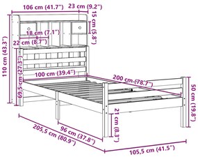 Cama com estante sem colchão 100x200 cm pinho maciço branco