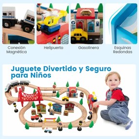 Mesa de jogos de comboio em madeira maciça, 80 peças, para crianças, trilhos comboio para meninos e meninas a partir de 3 anos, 82,5 x 60 x 40 cm, mul