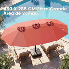 Guarda-sol duplo 460 x 285 cm com 48 luzes LED, 3 aberturas de ventilação, 12 varas, base e manivela para jardim, terraço e piscina – Laranja