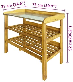 Mesa jardinagem c/ 2 prateleiras madeira acácia maciça e zinco