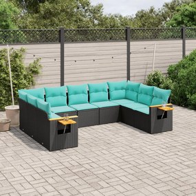 9 pcs conjunto de sofás p/ jardim c/ almofadões vime PE preto