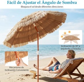 Conjunto de Guarda-Sol de Palha e Base Enchível, Inclinação e Altura Reguláveis, Natural