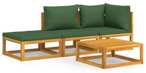 4 pcs conj. lounge jardim madeira c/almofadões verdes