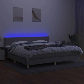 Cama box spring c/ colchão e LED 200x200 cm tecido cinza-claro