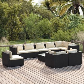 vidaXL 10 pcs conjunto lounge de jardim c/ almofadões vime PE preto