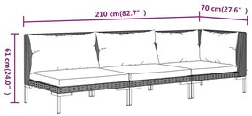 3 pcs conj. lounge jardim vime PE semicircular cinzento-escuro