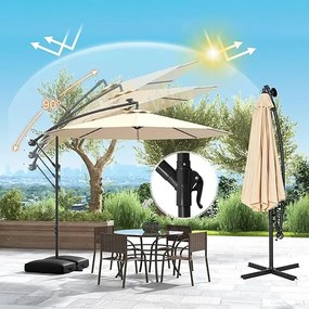 Guarda-sol de jardim Ø 3 m com 40 luzes LED solares, inclinável com manivela, com base saco de areia, proteção UV impermeável, bege