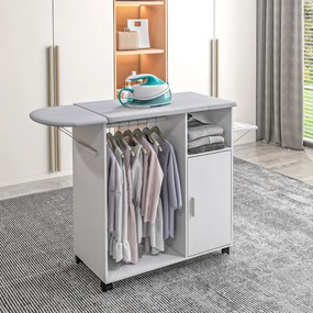 Móvel de Engomar de Madeira com Rodas Barra para Pendurar Roupa Prateleira Aberta e Tábua Dobrável 107x42,5x99 cm Branco