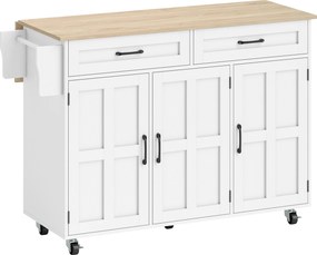 Ilha de cozinha com tampo dobrável, carrinho com rodízios 2 gavetas, 3 portas, suporte para prateleiras e porta-toalhas, branco
