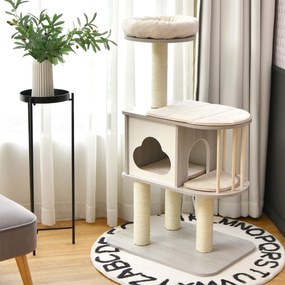 Arranhador Torre de madeira para gatos com plataforma para arranhar e almofadas, casa para gatinhos e gatos cinzento