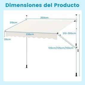 Toldo retrátil manual 2,5 m x 3 m Toldo exterior com altura ajustável Manivela e sem perfuração para janela Porta Terraço Branco