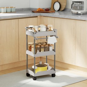Carrinho Auxiliar com Rodas de 3 Níveis com Cestos Extraíveis Suporte para Toalhas e Estrutura de Metal 42x42,5x76 cm Cinza