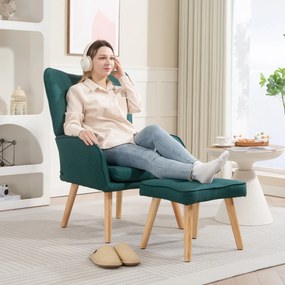 Poltrona com Apoio para Pés Poltrona de Leitura com Capitonê Pés de Madeira e Revestimento em Linho 70x72x94 cm Verde Escuro