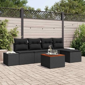 vidaXL Conjunto de Sofá de Jardim 6 Peças com Almofadas Preto Rattan Poliéster Acácia