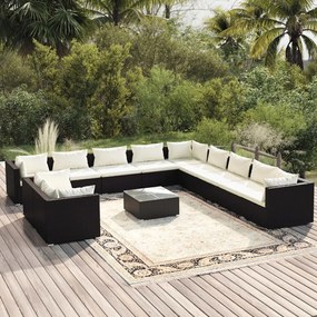 vidaXL 12 pcs conjunto lounge de jardim c/ almofadões vime PE preto
