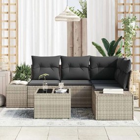Conjunto de Sofá de Jardim 5 Peças com Almofadas Cinza de Rattan e Pol