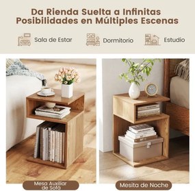 Mesa de cabeceira 33 x 33 x 50 cm em forma de S com 2 compartimentos abertos, castanho natural