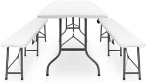 Mesa de jardim dobrável com 2 bancos 180 cm aço e PEAD branco
