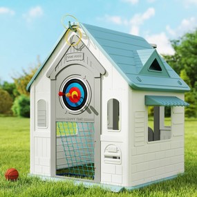 Casa de Brincar para Crianças 5 em 1 Casa de Jardim com Lançamento de Anéis Basquetebol Futebol Dardos 132x118x124 cm Bege, verde, cinzento