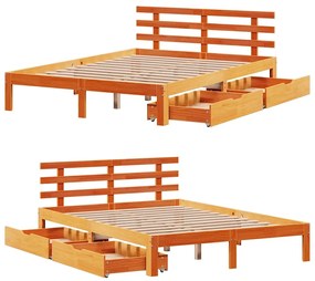 Estrutura cama c/ gavetas 150x200 cm pinho maciço castanho-mel