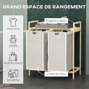 Cesto de roupa suja em bambu com 2 cestos removíveis e deslizantes em tecido não tecido 63,5 x 33 x 73 cm creme