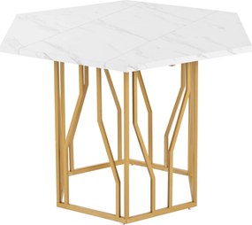 Mesa de jantar hexagonal moderna, com pés metálicos dourados, 115,5x100x75 cm, Branco+Ouro