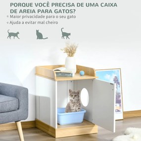 Casa para Gatos de Madeira Móvel Caixa de Areia para Gatos 2 em 1 com Bancada de Armazenamento Porta e Orifício de Entrada Lateral 48,5x53x67cm Branco