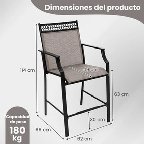Conjunto de 2 bancos de bar para Jardim com apoio para os pés em metal à altura do balcão para jardim, piscina, varanda, cozinha Castanho